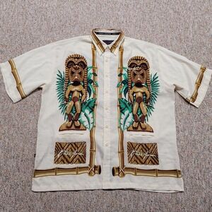 Phat Farm Shirt Mens 2XL Cream Brown Hawaiian Tiki Print Button Up Short Sleeve